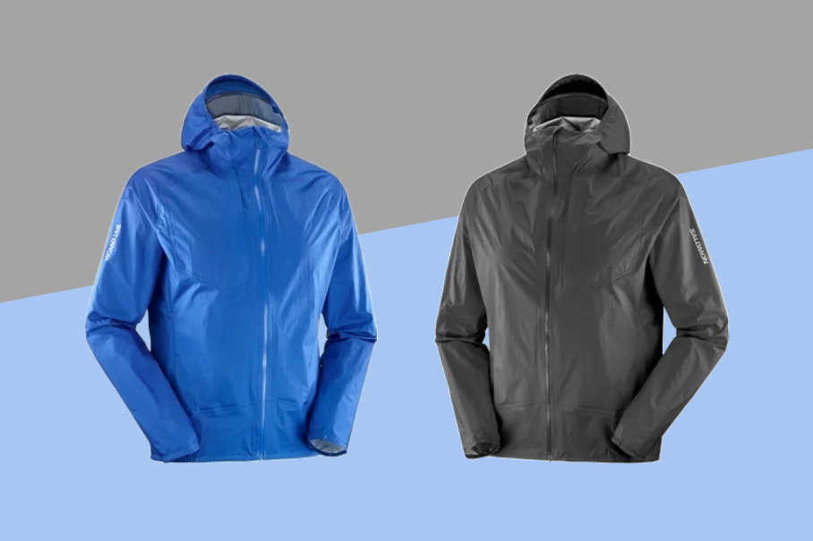 Two hooded jackets, one blue and one black, on a light blue background. The jackets have zippers, logos, cinched waists, and elastic cuffs. They are made of waterproof or windproof material.