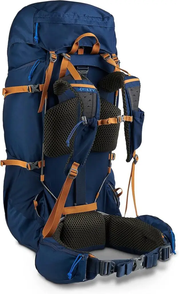 A blue hiking backpack with orange straps on a white background. The backpack has a large main compartment with a drawstring closure and a smaller top compartment with a buckle closure. The backpack has padded shoulder straps and a waist belt. The backpack also has multiple external straps for attaching gear and a mesh pocket for a water bottle.