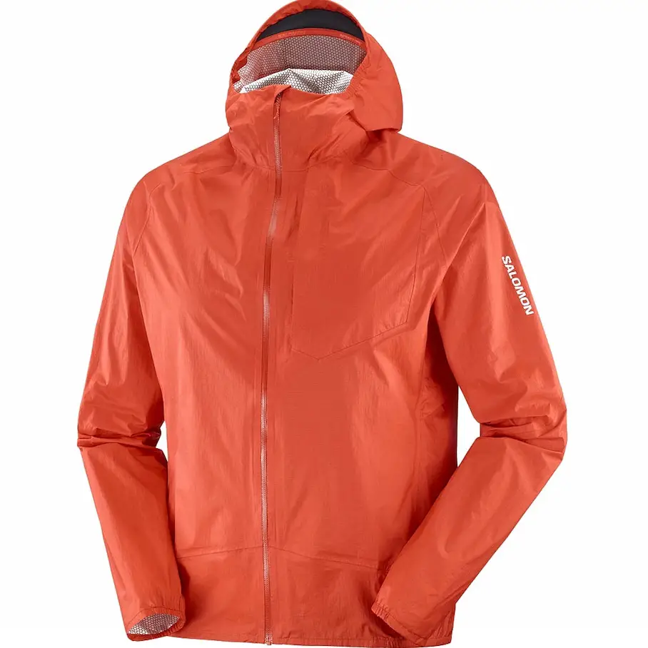 An orange rain jacket with a hood, a zipper, two zippered pockets, and a Salomon logo on the right arm. The jacket is waterproof and shown from the front on a white background.