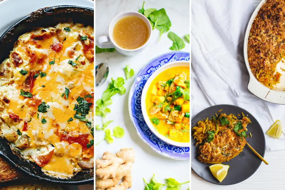 A collage of three images of different dishes. The first image shows a skillet dish with melted cheese, tomato sauce, and herbs. The second image shows a bowl of soup with meat and vegetables. The third image shows a breaded and fried dish with lemon and herbs.