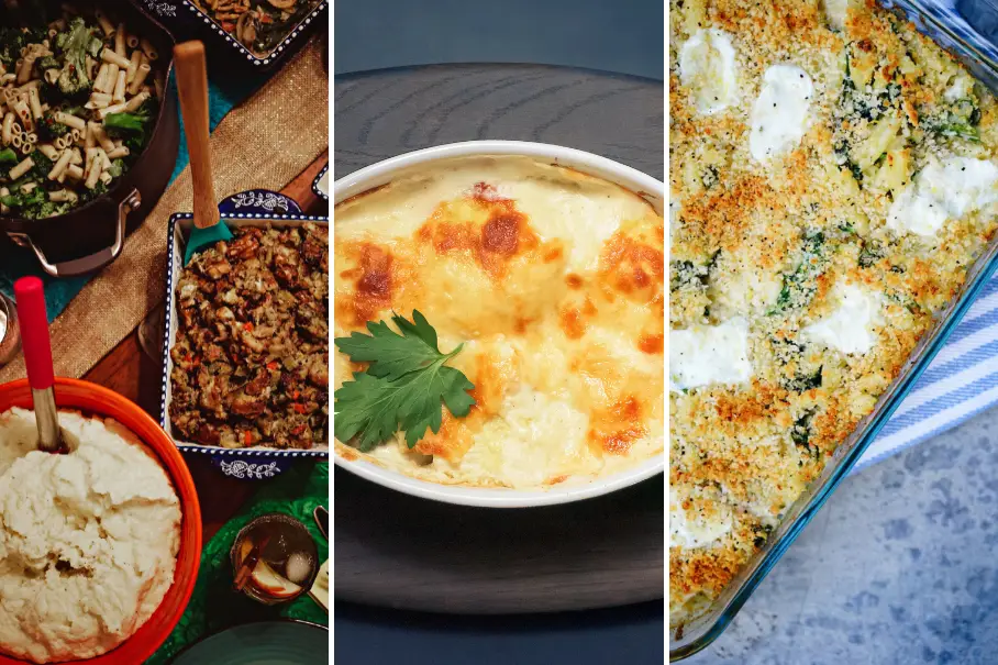 A collage of three images of different dishes. The first image shows a table with various dishes such as noodles, minced meat, and mashed potatoes. The second image shows a creamy and cheesy dish with a golden-brown crust and parsley garnish. The third image shows a breadcrumb and cheese-topped casserole with white sauce.