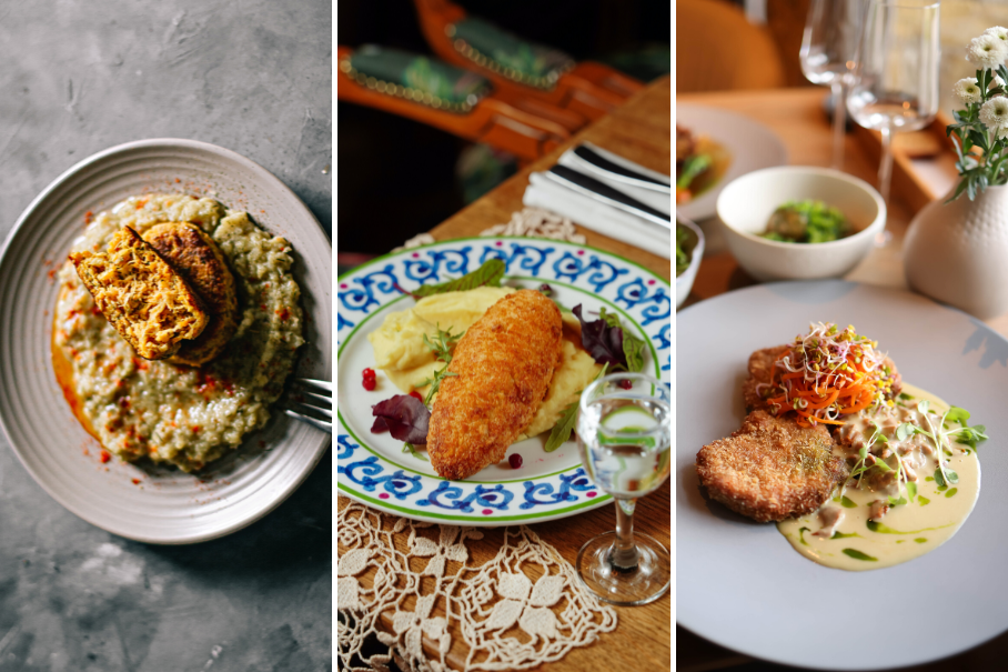 A collage of three dishes with rice and meat. The first dish is a green risotto with grilled chicken, the second dish is a fried chicken with mashed potatoes, and the third dish is a fried chicken with greens and sprouts. All dishes are on white or blue plates in a restaurant setting.