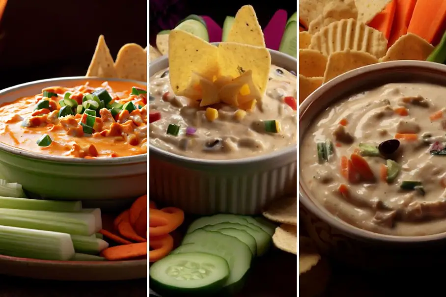 A collage of three types of dips with various accompaniments. The first dip is a creamy orange dip with green onions and red bell peppers, served with celery, carrots, and cucumber. The second dip is a white dip with corn, black beans, and red bell peppers, served with tortilla chips. The third dip is a creamy white dip with black olives, carrots, and red bell peppers, served with pita chips and carrot sticks. All dips are in white bowls on a dark background.