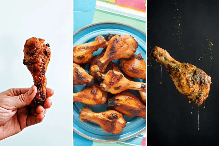 A collage of three images of chicken drumsticks with different backgrounds and sauces