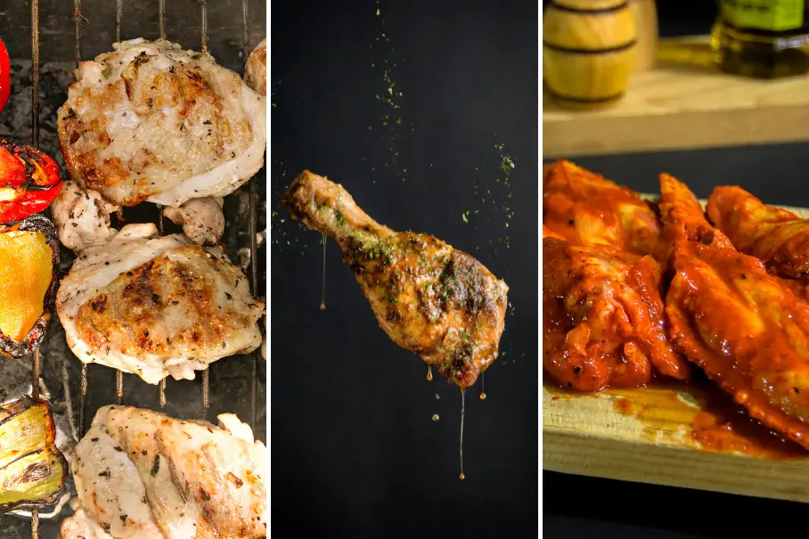 A triptych of three images of different types of grilled meat with dark backgrounds