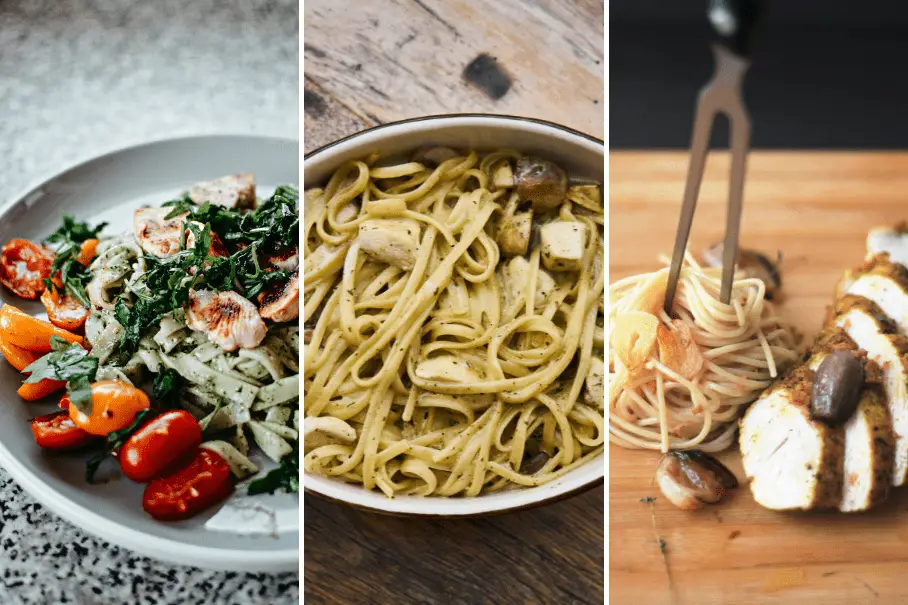 A collage of three pasta dishes with different sauces and ingredients