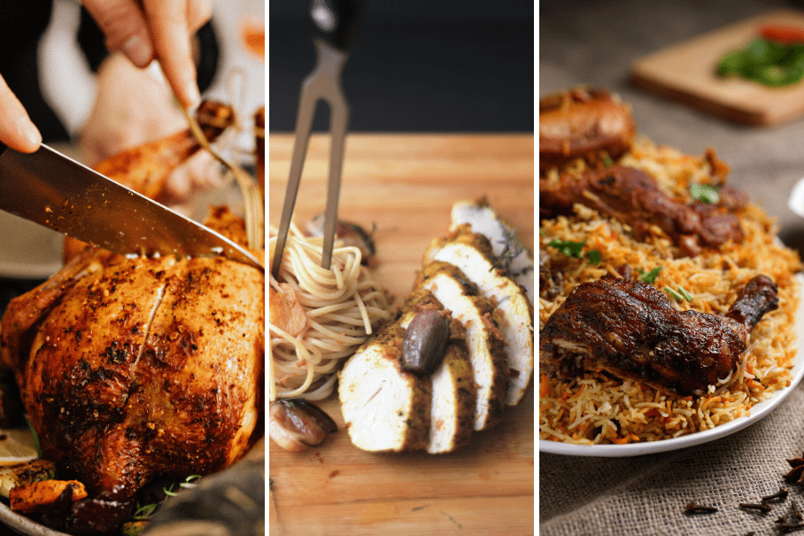 A collage of three dishes with chicken and vegetables. The first dish is a roasted chicken with roasted vegetables, the second dish is a grilled chicken and vegetable pasta, and the third dish is a chicken and vegetable biryani. All dishes are served on wooden plates or boards.