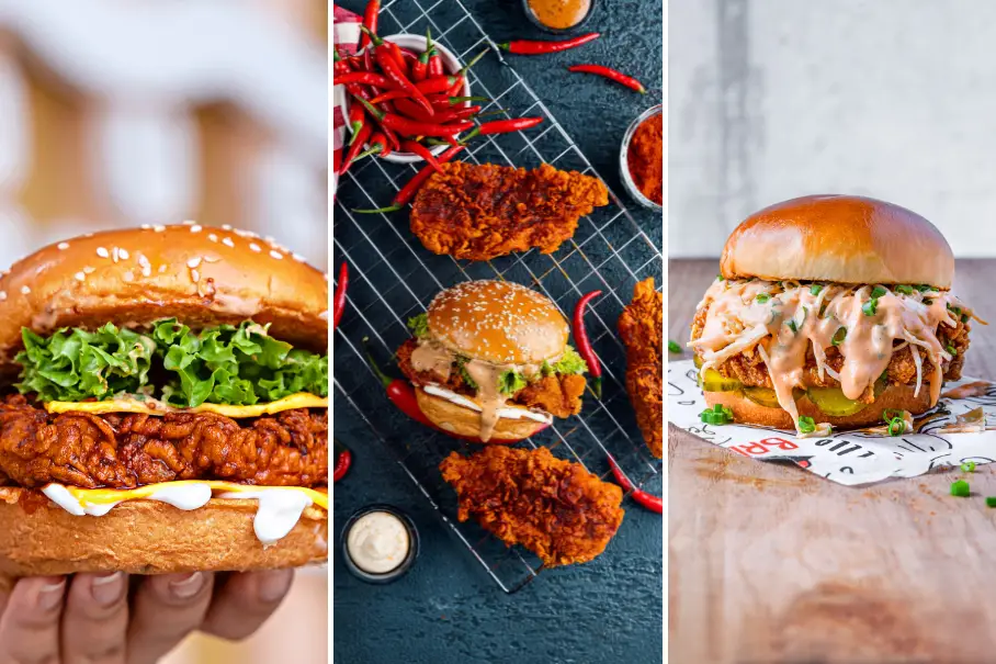 A collage of three types of fried chicken sandwiches with different toppings and sauces. The first one has lettuce and white sauce, the second one has red chilies and orange sauce, and the third one has coleslaw and white sauce.