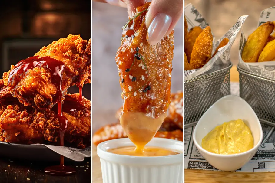 A collage of three images of fried food. The first one is fried chicken with red sauce, the second one is chicken with sesame seeds and orange sauce, and the third one is chicken and chips with yellow sauce. The background is blurred gray.