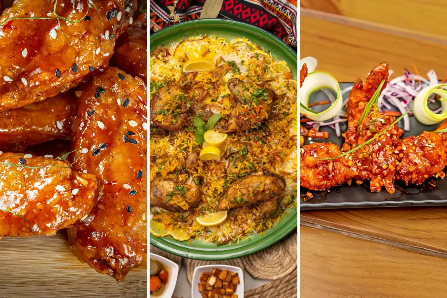 A collage of three delicious dishes made with chicken. The first one is glazed chicken wings with sesame seeds, the second one is biryani with chicken and rice, and the third one is fried chicken with red sauce and vegetables.