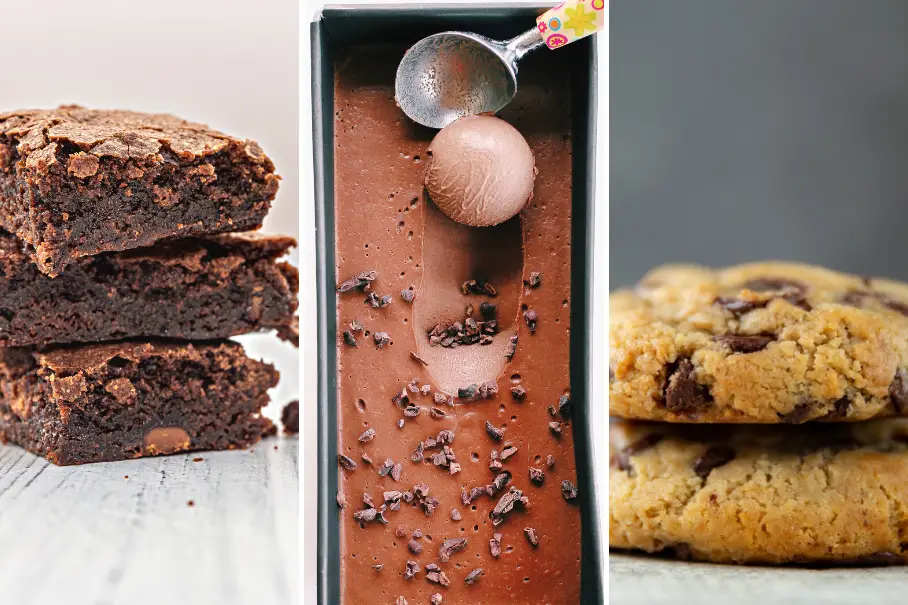 A triptych image of three types of chocolate desserts. On the left, there are dark chocolate brownies, in the center, there is chocolate ice cream with sprinkles, and on the right, there are chocolate chip cookies. The background is blurred gray.