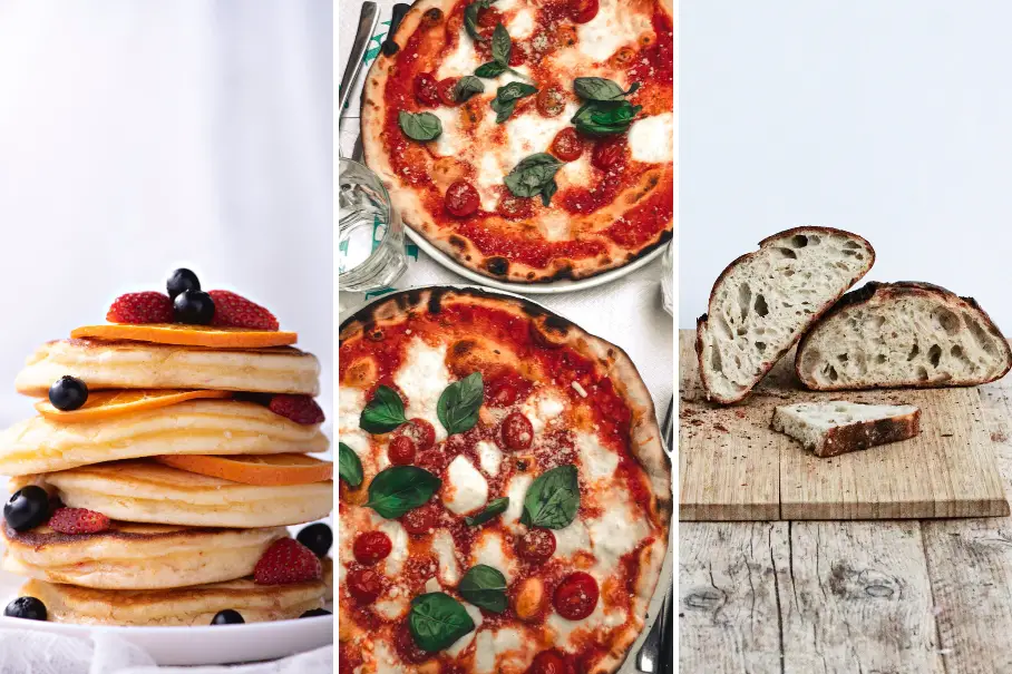 A collage of three images of food. The first one is pancakes with berries and syrup, the second one is pizza with pepperoni, basil, and cheese, and the third one is sliced bread on a cutting board. All dishes are on white backgrounds.