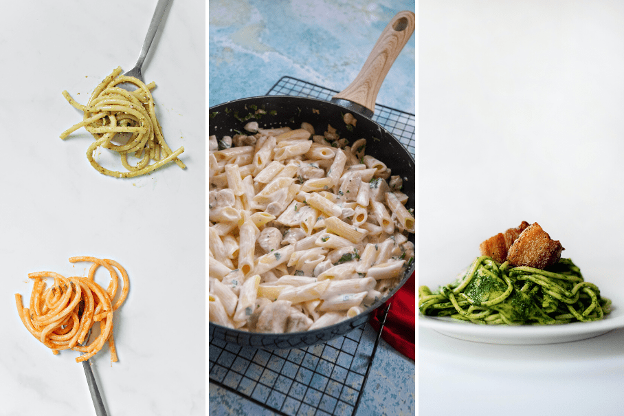 A collage of three images of pasta dishes. The first one is spaghetti with a creamy sauce, the second one is penne with chicken and mushrooms in a creamy sauce, and the third one is spaghetti with a green sauce and crispy pork belly. All dishes are on white backgrounds.