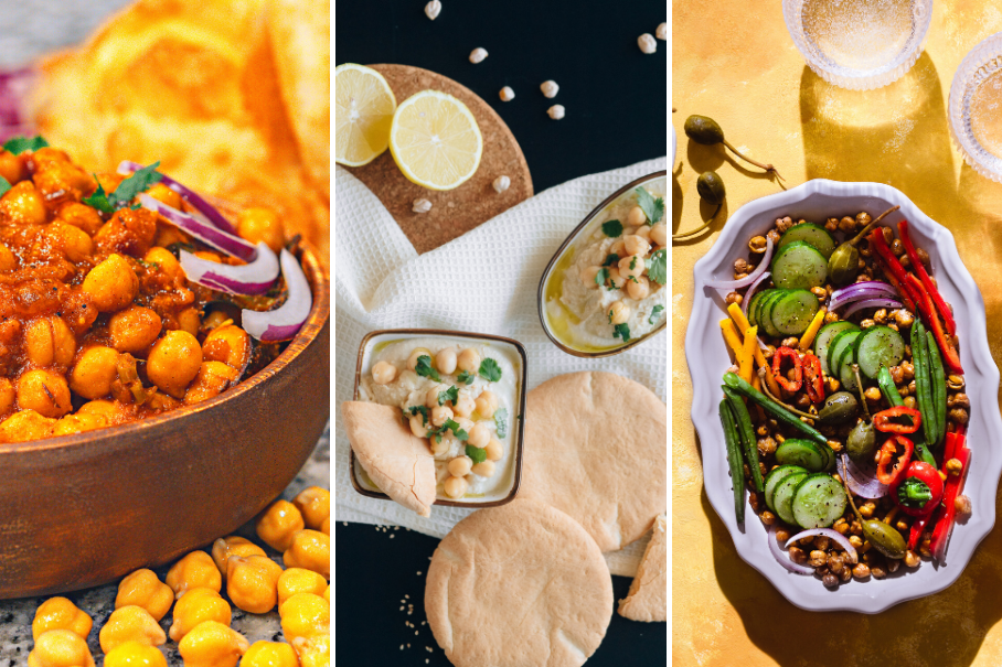 A collage of three images of vegetarian dishes. The first one is chickpeas and red onions in tomato sauce, the second one is hummus, pita bread and lemon wedges, and the third one is green beans, red peppers and black beans. All dishes are in bowls and garnished with herbs and seeds.