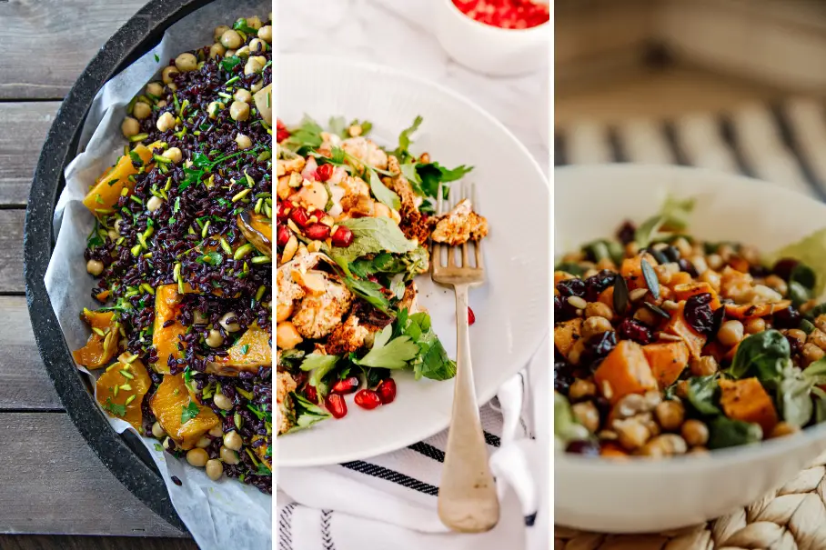A collage of three types of salads with different ingredients and colors. The first one has black rice, chickpeas, orange segments, and microgreens, the second one has grilled chicken, arugula, and pomegranate seeds, and the third one has sweet potatoes, chickpeas, and black rice.