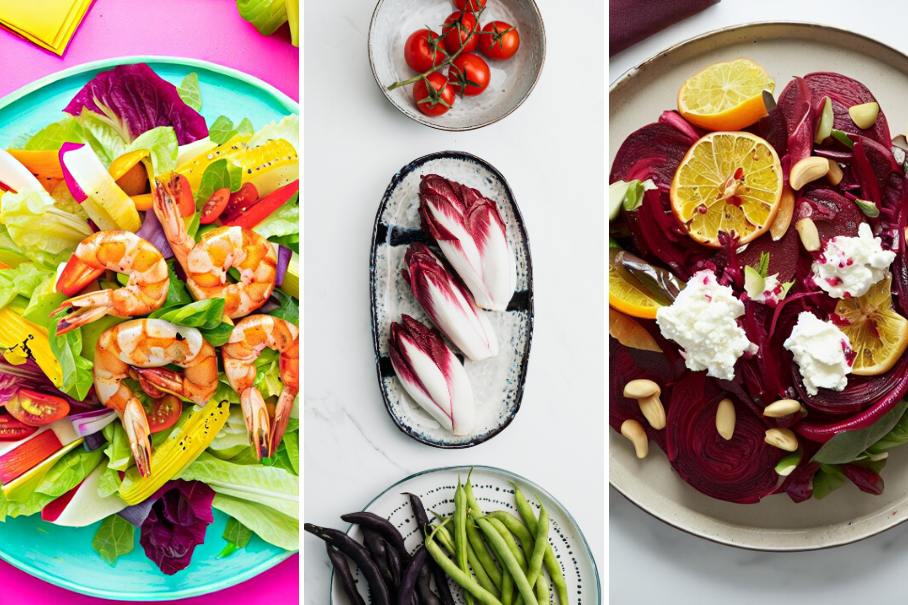 A collage of three healthy salads with different ingredients. The first one is shrimp salad with carrots, cabbage, and lettuce, the second one is endive salad with tomatoes and green beans, and the third one is beet salad with lemon, ricotta, and pine nuts.