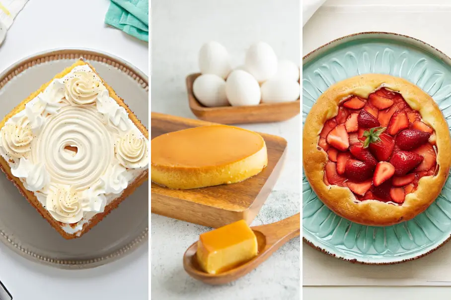 A collage of three types of desserts with different flavors and textures. The first one is a white cake with swirls of frosting, the second one is a flan with eggs and a spoon, and the third one is a strawberry tart with a crust.
