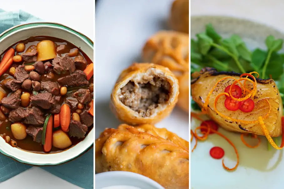 A collage of three images of different dishes: beef stew with vegetables, sausage roll with pastry, and Chilean sea bass with greens and sauce.