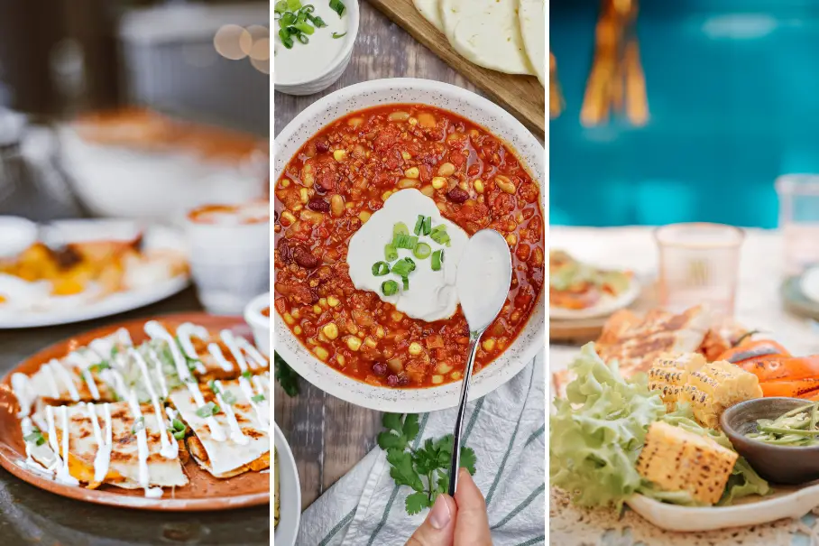 A collage of three images of different dishes: quesadillas and soup, chili with sour cream, and grilled corn with salad.