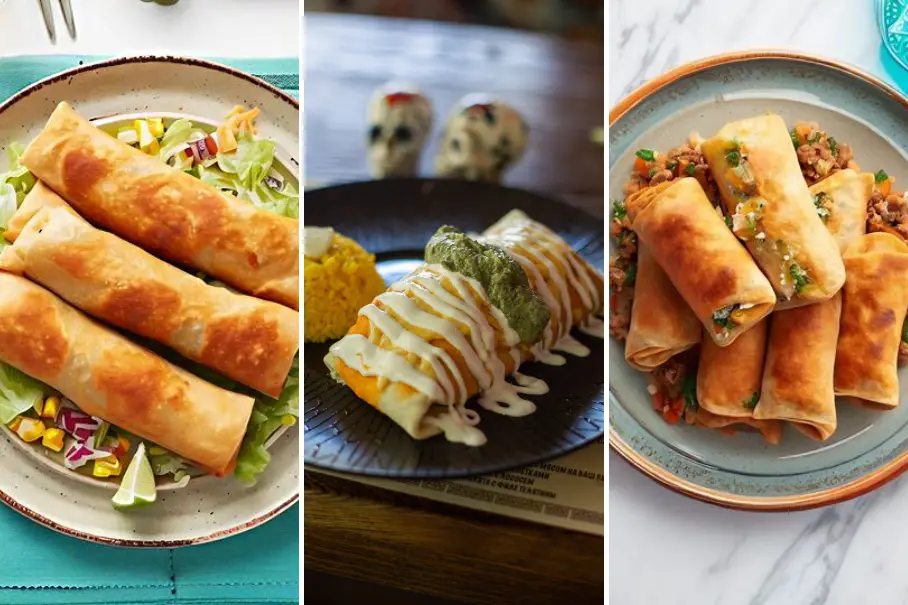 A collage of three images of different types of dishes. The first image is of a plate of chimichangas on a bed of salad. The plate is white with a blue rim. The second image is of a plate of chimichangas with a drizzle of sauce on top. The third image is of a plate of chimichangas with a drizzle of sauce on top. The plate is blue with a gold rim. The enchiladas are on a bed of lettuce and there is a side of rice and beans.