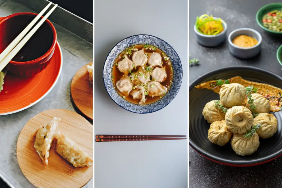 A collage of three images of Asian dishes. The first image is of a red bowl with chopsticks resting on top. There is a piece of sushi on a wooden board next to the bowl. The second image is of a blue and white bowl with a dish of dumplings in a brown sauce. The dumplings are topped with green onions. The third image is of a black plate with a dish of steamed buns. The buns are golden brown and have sesame seeds on top. There are small bowls of sauces and garnishes in the background.
