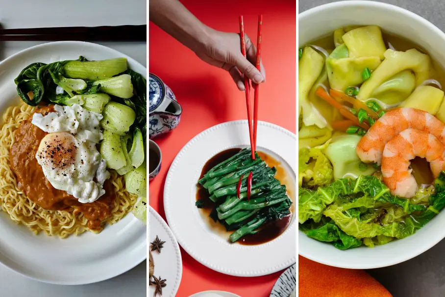 A collage of three images of different Asian dishes. The first image is a bowl of noodles with a poached egg, bok choy, and sliced cucumber on top. The second image is a plate of stir-fried greens with red chopsticks on top. The third image is a bowl of soup with shrimp, bok choy, and sliced carrots.