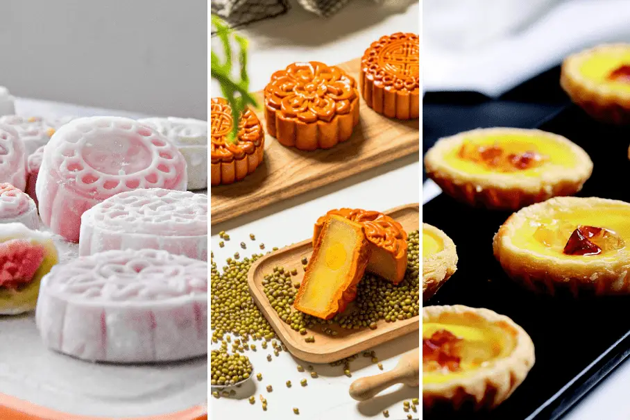 A collage of three images of different types of desserts. The first image is of pink and white snow skin mooncakes on a white plate with green mung beans scattered around. The second image is of orange mooncakes on a wooden board with a wooden spoon and green mung beans scattered around. The third image is of egg tarts on a black tray with a red cherry on top of each tart.