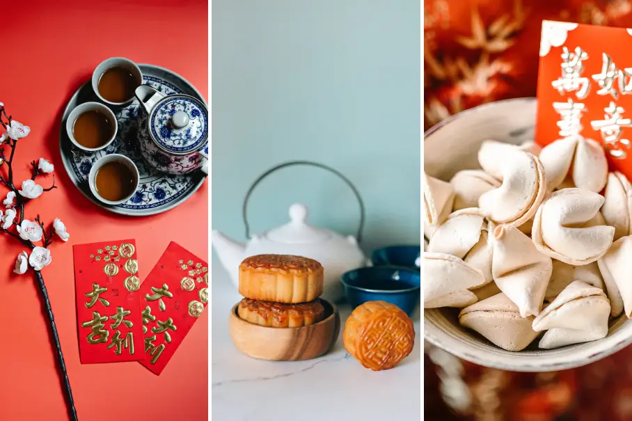 A collage of three images of Chinese food and tableware. The first image is of a traditional Chinese tea set on a red background. The tea set includes a teapot, cups, and saucers. There are also white flowers and red envelopes scattered around the tea set. The second image is of a blue teapot and two mooncakes on a white background. The mooncakes are round and have a golden brown crust. The third image is of a bowl of dumplings on a red background. The dumplings are white and have a crimped edge. There is also a red banner with Chinese characters in the background.