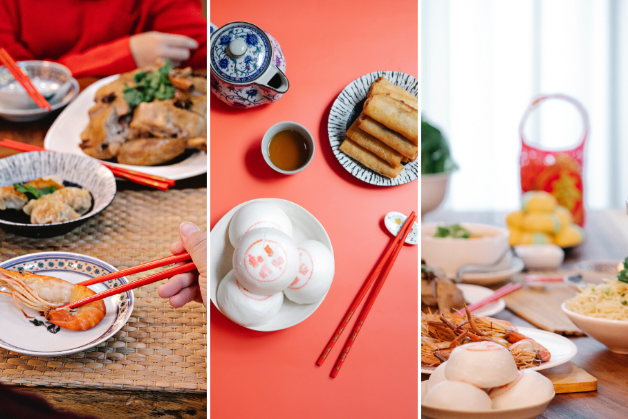 A collage of three images of Chinese food and tableware. The first image is of a person in a red sweater holding a plate of food with chopsticks. The plate has dumplings, noodles, and greens on it. The second image is of a blue and white teapot and a plate of spring rolls on a red background. The third image is of a table with various dishes, including noodles, buns, and dumplings. There is also a red lantern in the background. All three images have a pinkish-red color scheme.