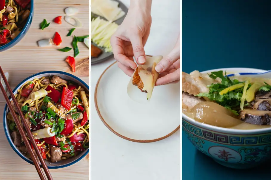 A collage of three images of Asian food dishes. The first image is a top-down view of a bowl of noodles with beef, red peppers, and green onions. The bowl is blue and white with a gold rim. There are chopsticks resting on the bowl. The second image is a close-up of a hand holding a wonton wrapper with filling. The hand is resting on a white plate with a brown rim. The third image is a side view of a bowl of soup with dumplings, mushrooms, and greens. The bowl is blue and white with a gold rim. There is a spoon resting in the bowl.