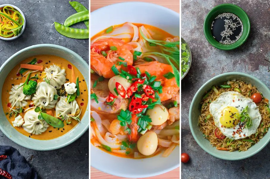 A collage of three images of different Asian dishes. The first image is of a bowl of yellow curry with broccoli, shrimp, and dumplings. The bowl is on a gray surface with green chili peppers and a red napkin. The second image is of a bowl of orange soup with shrimp, noodles, and red chili peppers. The bowl is on a white surface with green onions. The third image is of a bowl of fried rice with a fried egg on top. The bowl is on a green surface with sesame seeds and cherry tomatoes.