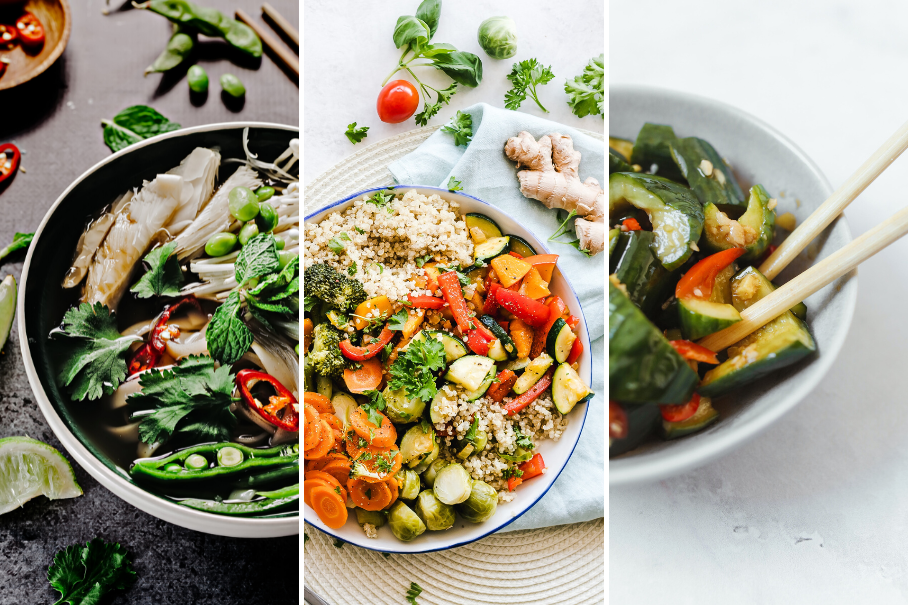 A collage of three images of different dishes. The first image is of a bowl of pho with chicken, cilantro, and red chili peppers. The bowl is on a gray countertop with a lime and chopsticks on the side. The second image is of a plate of quinoa with roasted vegetables and herbs. The plate is on a white countertop with a tomato and parsley on the side. The third image is of a bowl of stir fry with noodles, vegetables, and ginger. The bowl is on a white countertop with chopsticks on the side.