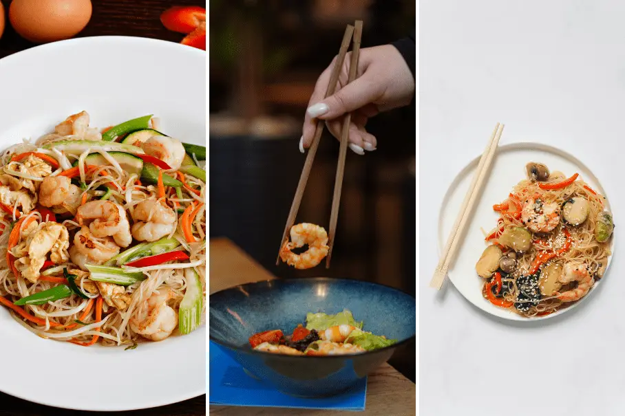 A collage of three images of Asian dishes. The first image is of a bowl of noodles with shrimp, chicken, and vegetables. The bowl is on a wooden table with an orange and red peppers in the background. The second image is of a hand holding chopsticks and picking up a shrimp from a blue bowl of noodles. The bowl is on a wooden table with a green plant in the background. The third image is of a white plate with a salmon dish with mushrooms, green onions, and sesame seeds. The plate is on a white table with a pair of chopsticks resting on it.