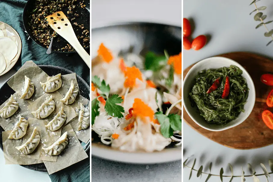 A collage of three images of different dishes. The first image is of a pan with a black handle and a wooden spatula. The pan has a mixture of spices and vegetables in it. The second image is of a plate of dumplings. The dumplings are arranged in a circle on a white plate with a square of parchment paper underneath. The dumplings are filled with a mixture of meat and vegetables. The third image is of a bowl of seaweed salad. The seaweed is garnished with red chilies and cilantro. The bowl is on a wooden table with a white tablecloth.