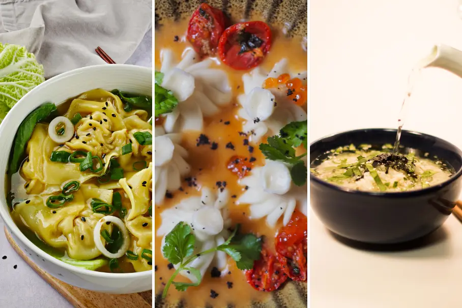 A collage of three images of different dishes. The first image is of a bowl of yellow dumplings with green onions and sesame seeds on top. The second image is of a plate of white fish with red peppers and a yellow sauce. The third image is of a black bowl of soup with a spoon pouring broth over the top. The soup has green onions and seaweed on top. All three images have a white background.