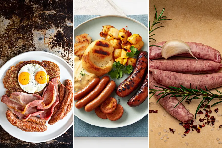 A collage of three images of different types of meat dishes. The first image on the left is a close up of a plate of breakfast food with two fried eggs, bacon, sausage, and hash browns on a white plate. The background is a dark, textured surface. The second image in the center is a close up of a plate of grilled sausages and potatoes on a blue plate. The background is a light blue surface. The third image on the right is a close up of a group of uncooked sausages with garlic and herbs on a beige surface. The background is a light brown surface.
