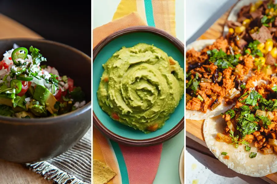 A collage of three images of Mexican dishes. The first image on the left is a bowl of salad with avocado, jalapeno, tomato, and cheese. The second image in the middle is a bowl of guacamole on a colorful striped tablecloth. The third image on the right is a plate of tacos with meat, corn, and cilantro.