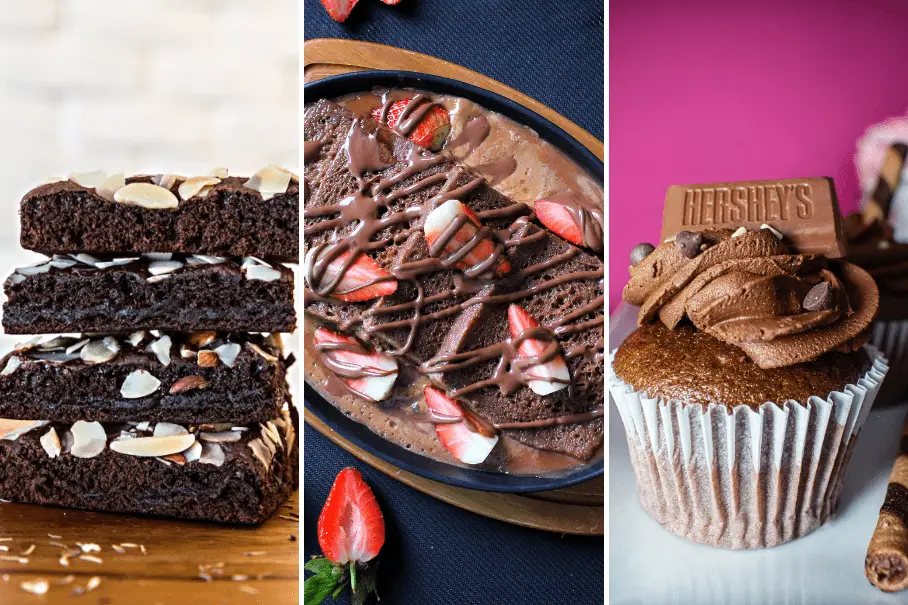 A collage of three images of chocolate desserts on a pink background. The first image shows a stack of three chocolate brownies with almond slivers on top. The second image shows a chocolate cake in a round pan with strawberries on top and a drizzle of chocolate sauce. The third image shows a chocolate cupcake with a swirl of chocolate frosting on top and a Hershey’s chocolate bar on top.