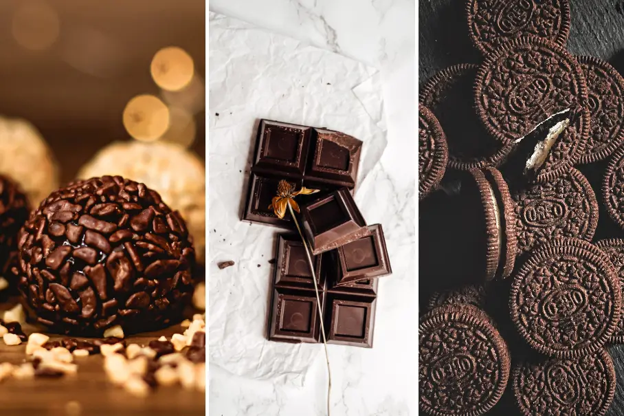 A collage of three images of chocolate desserts. The first image shows a chocolate ball covered in chocolate chips and nuts on a dark background with bokeh lights. The second image shows a stack of dark chocolate squares on a white crumpled paper background. The third image shows a stack of Oreo cookies on a dark background. All three images have a warm and indulgent mood.