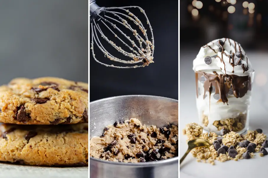 A collage of three images of desserts. The first one is a stack of chocolate chip cookies on a gray background. The second one is a whisk with cookie dough on it, on a black background. The third one is a sundae with vanilla ice cream, chocolate sauce, and chocolate chips on top, on a dark background with bokeh lights.