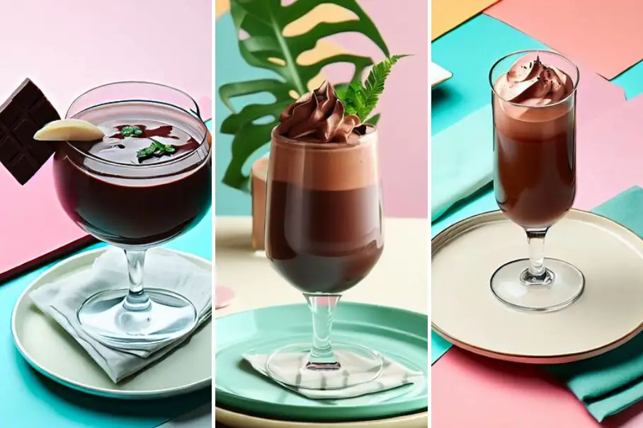 A photo realistic image of three different types of drinks in glasses on colorful backgrounds. The first one is a dark chocolate cocktail with a mint leaf and an orange slice on top. The second one is a chocolate frozen cocktail with whipped cream on top. The third one is a chocolate cocktail with whipped cream and a piece of chocolate on top.