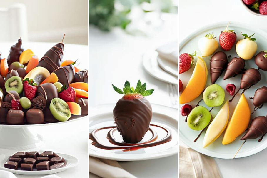 A collage of three images of chocolate covered fruit. The first one is a white cake stand with a variety of chocolate covered fruit on it. The second one is a single chocolate covered strawberry on a white plate with a chocolate drizzle. The third one is a white plate with a variety of chocolate covered fruit on it. All three images have a bright and airy feel to them.