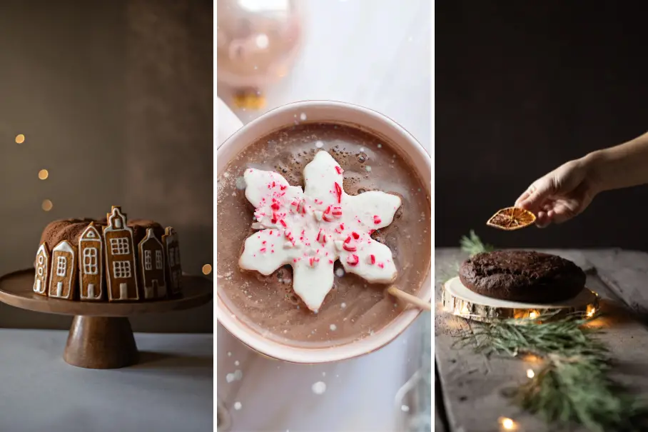 A collage of three images of Christmas themed desserts. The first one is a gingerbread house cake with white icing and sprinkles on a wooden stand. The second one is a mug of hot chocolate with a snowflake marshmallow and sprinkles on top. The third one is a hand holding a slice of chocolate cake with greenery and pine cones on top.