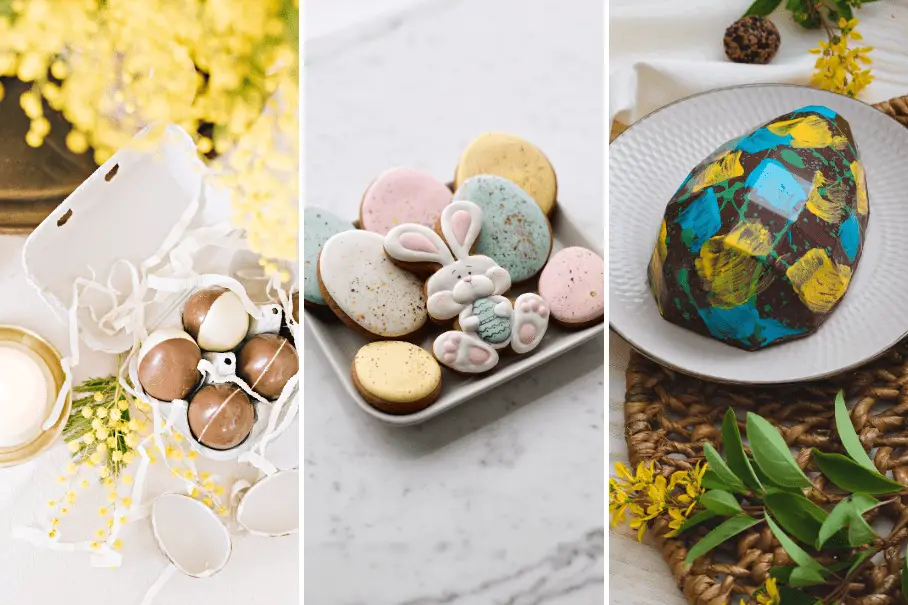A collage of three images. The first one is a carton of chocolate Easter eggs with yellow flowers and eggshells around it. The second one is a plate of Easter cookies in pastel colors. The third one is a blue and gold Easter egg on a plate with a napkin and flowers.