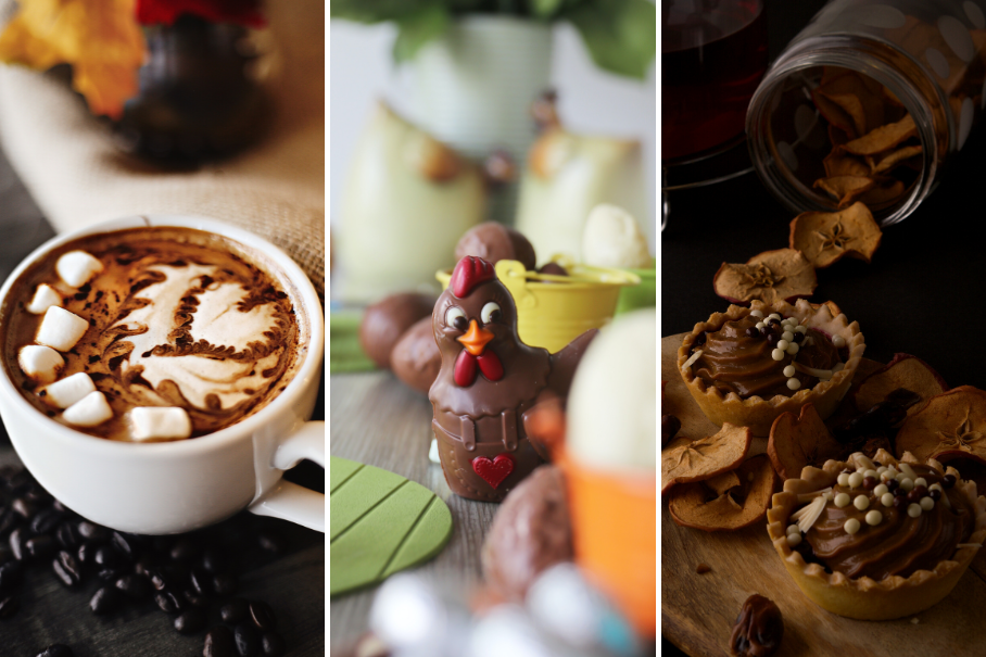 A triptych of three images of food and drink. The first one is a close up of a white cup of coffee with a latte art design of a dragon on top. The second one is a close up of a chocolate turkey with a red heart on its chest. The third one is a close up of a jar of dried apple slices and small chocolate tarts in the foreground.