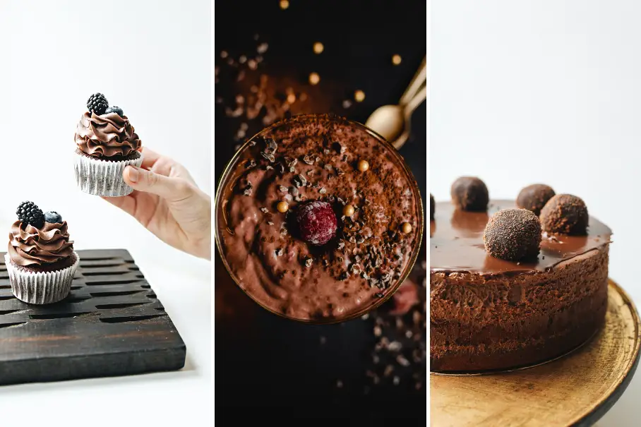 A collage of three images of chocolate desserts. The first one is a hand holding a chocolate cupcake with a blackberry on top. The second one is a top view of a chocolate mousse with a raspberry in the center. The third one is a chocolate cake with chocolate truffles on top. All three images have a white background.