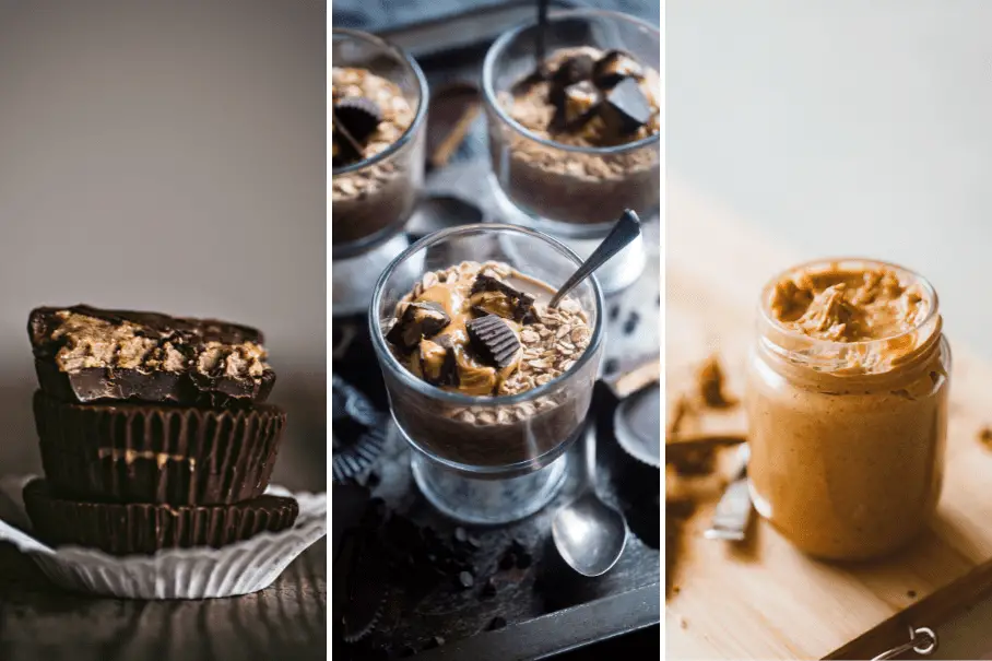 A collage of three images of different desserts. The first one is a stack of chocolate peanut butter cups on a white cupcake wrapper. The second one is a glass of chocolate mousse with a spoon and chocolate shavings on top. The third one is a jar of peanut butter with a spoon in it. All three images have a dark and moody aesthetic.