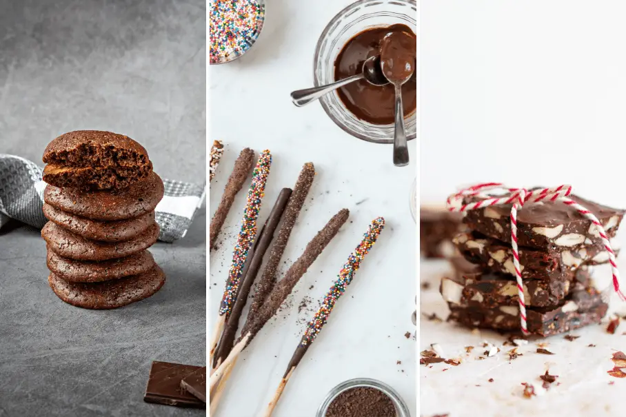 A collage of three images of chocolate desserts. The first one is a stack of chocolate cookies with cracks on a grey background. The second one is chocolate covered pretzel sticks with sprinkles in a jar. The third one is chocolate bark with nuts and fruit on a white background with a ribbon.