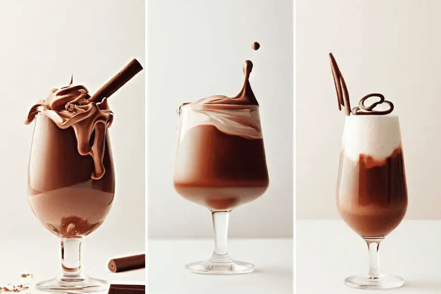 A triptych of three images of chocolate cocktails in tall glasses with a white background. The left one has a chocolate swirl and a wafer stick on top. The middle one has a splash of chocolate on top. The right one has a chocolate curl on top.