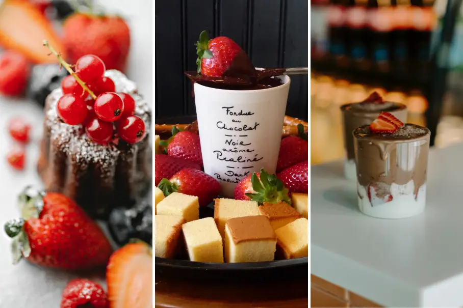 A collage of three images of desserts. The first image shows a chocolate cake with strawberries and cherries on top. The second image shows a fondue pot with a list of ingredients written on it. The ingredients include chocolate, cheesecake, Nutella, berries, and more. There are cubes of cake and strawberries around the pot. The third image shows a chocolate mousse with a strawberry on top, served in a glass. The glass is on a wooden table with a bottle of wine in the background.